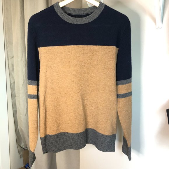 J.Crew Mens Blue Brown 100% Lambswool Crew Neck Pullover Sweater Size Medium - Picture 3 of 5